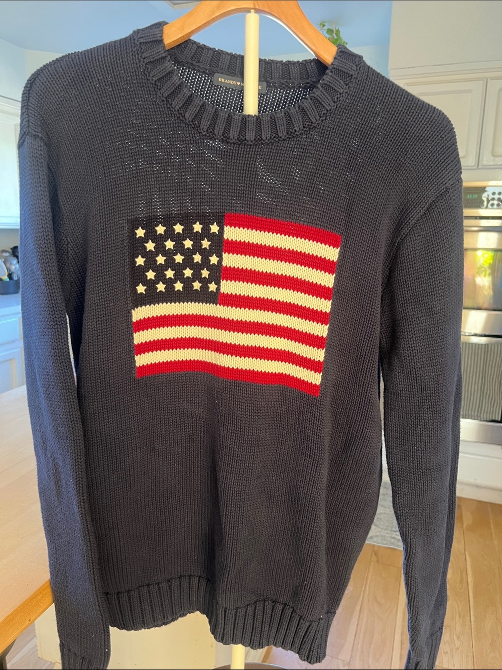 Brandy Melville Navy Crewneck Sweater with Red & Cream Flag